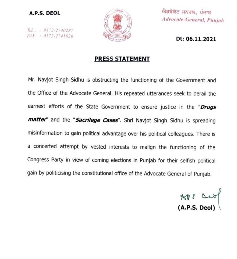 PUNJAB AG CALLS SIDHU’S UTTERANCES TO DERAIL PROBE IN SACRILEGE CASESSIDHU SPREADING MISINFORMATION TO GAIN POLITICAL MILEAGE